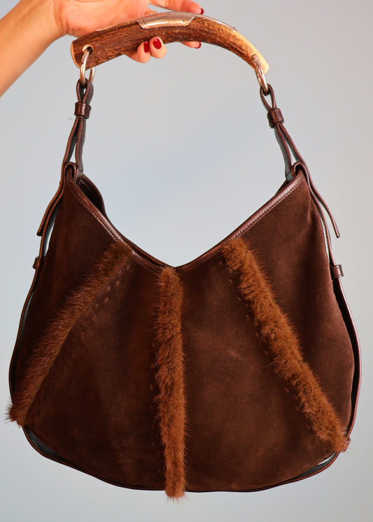 Yves Saint Laurent 2001 Brown Suede & Fur Mombasa Handbag