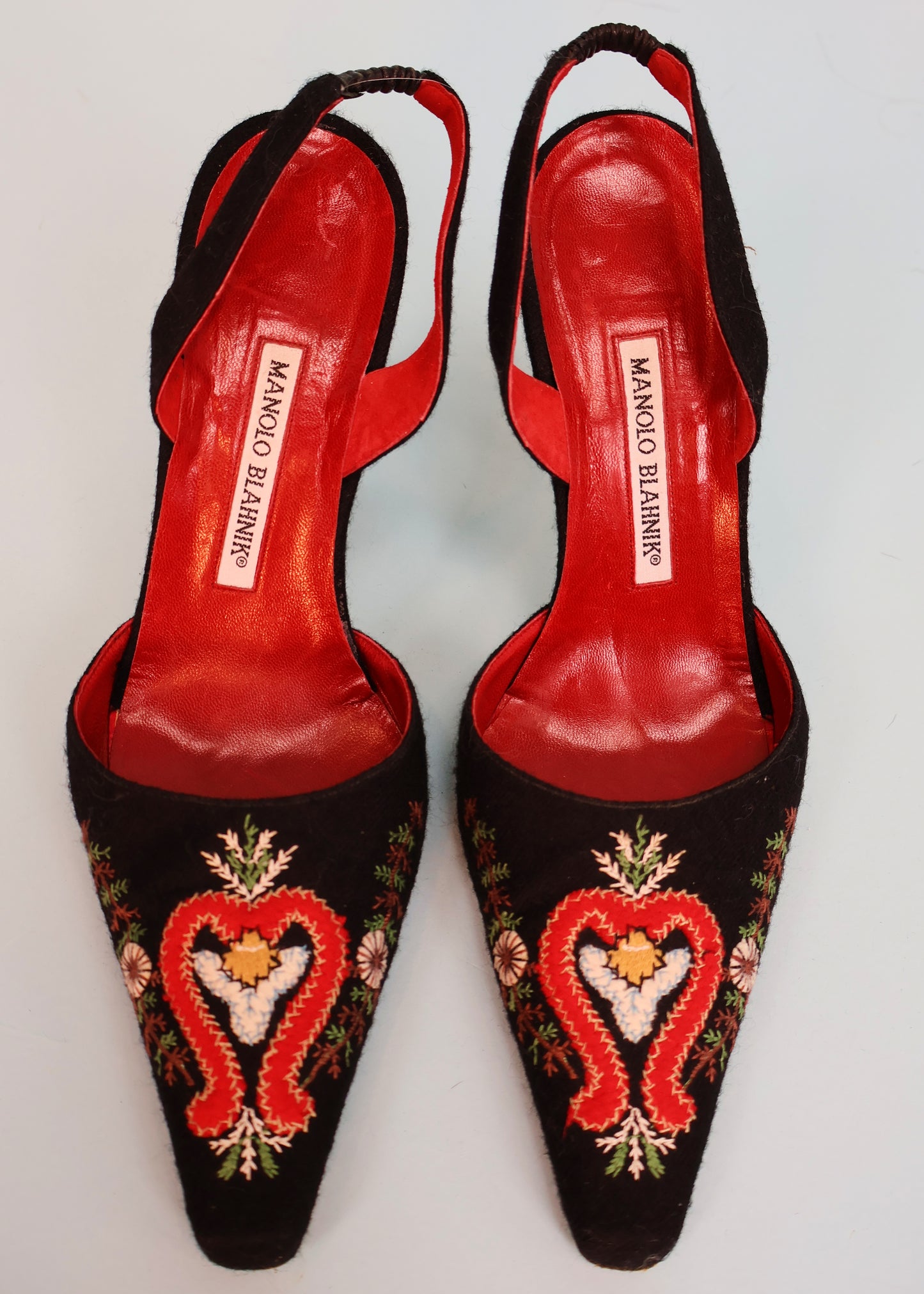 Manolo Blahnik Black Embroidered Pointed Slingback Heels