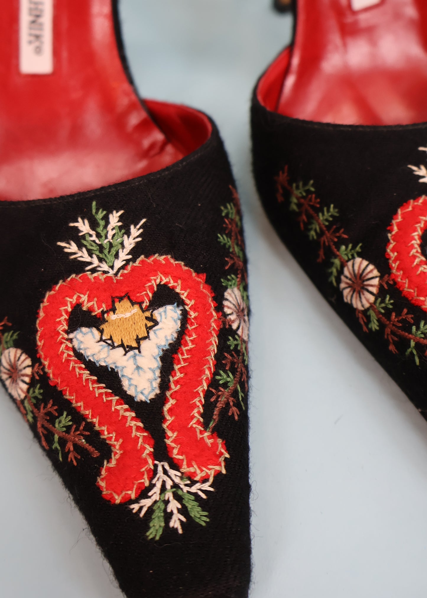 Manolo Blahnik Black Embroidered Pointed Slingback Heels