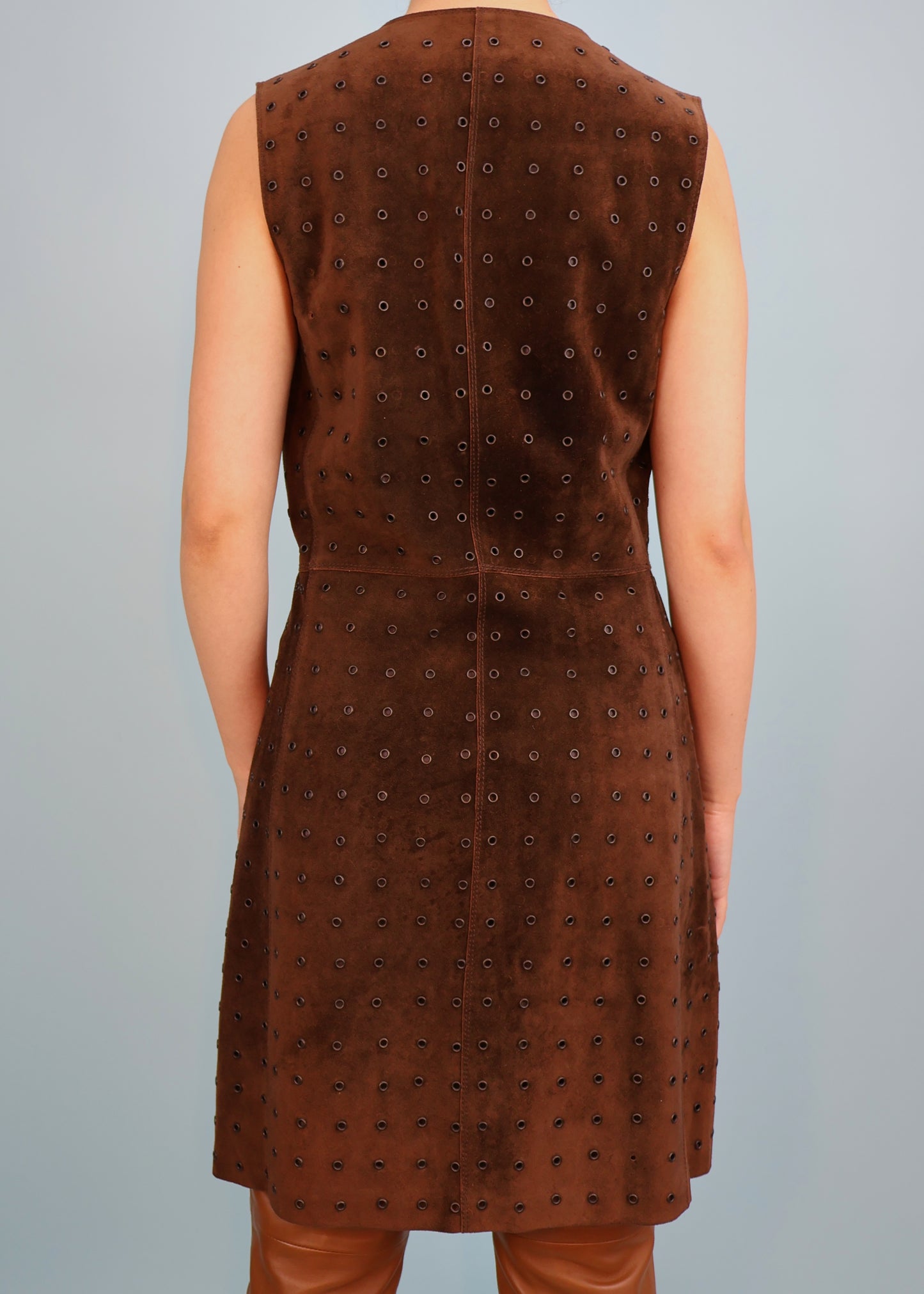 Prada Fall 1993 Runway Brown Suede Eyelet Lace Up Dress