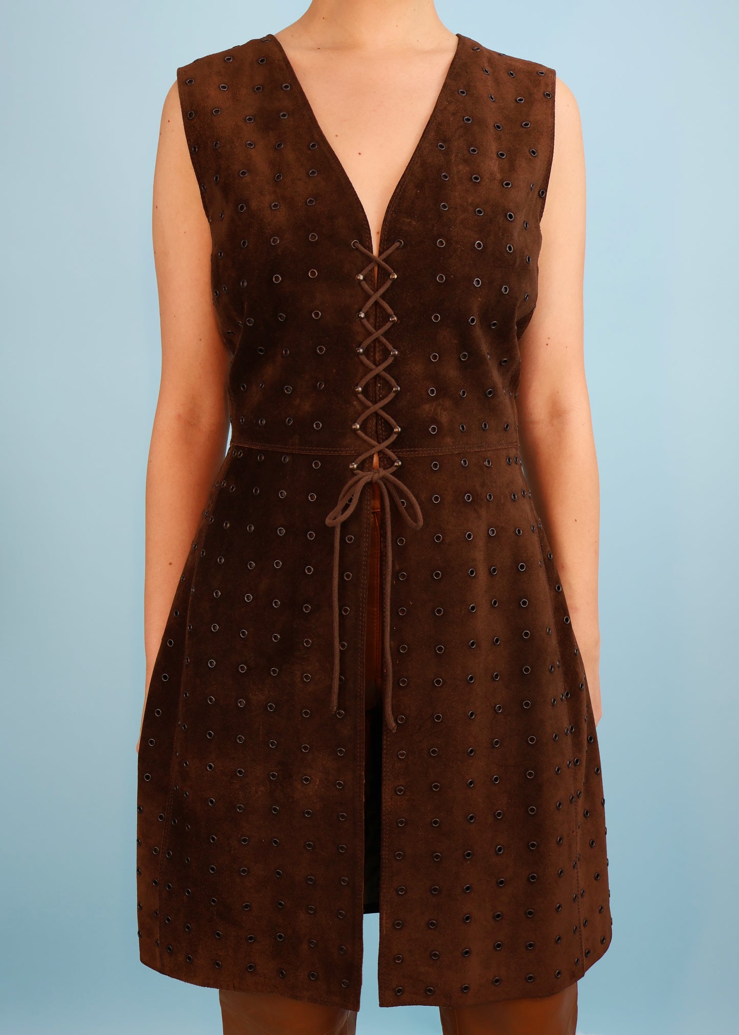 Prada Fall 1993 Runway Brown Suede Eyelet Lace Up Dress