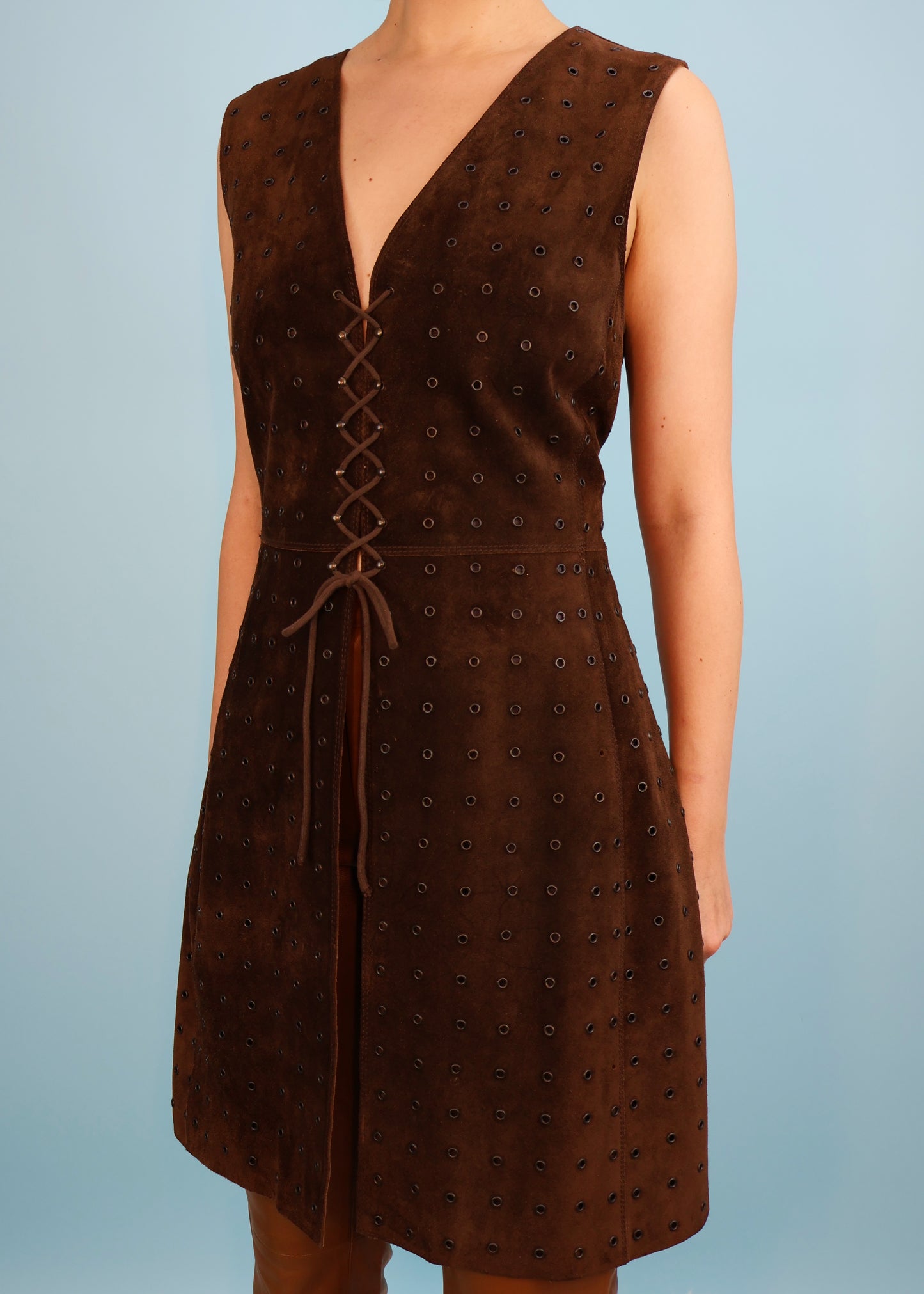Prada Fall 1993 Runway Brown Suede Eyelet Lace Up Dress