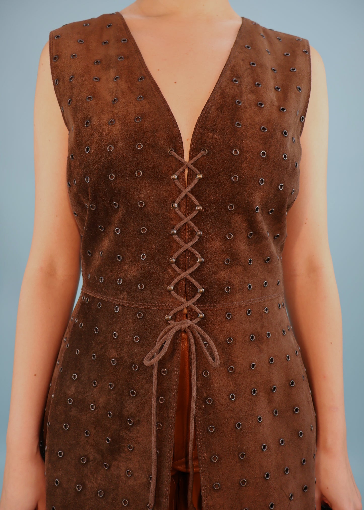 Prada Fall 1993 Runway Brown Suede Eyelet Lace Up Dress