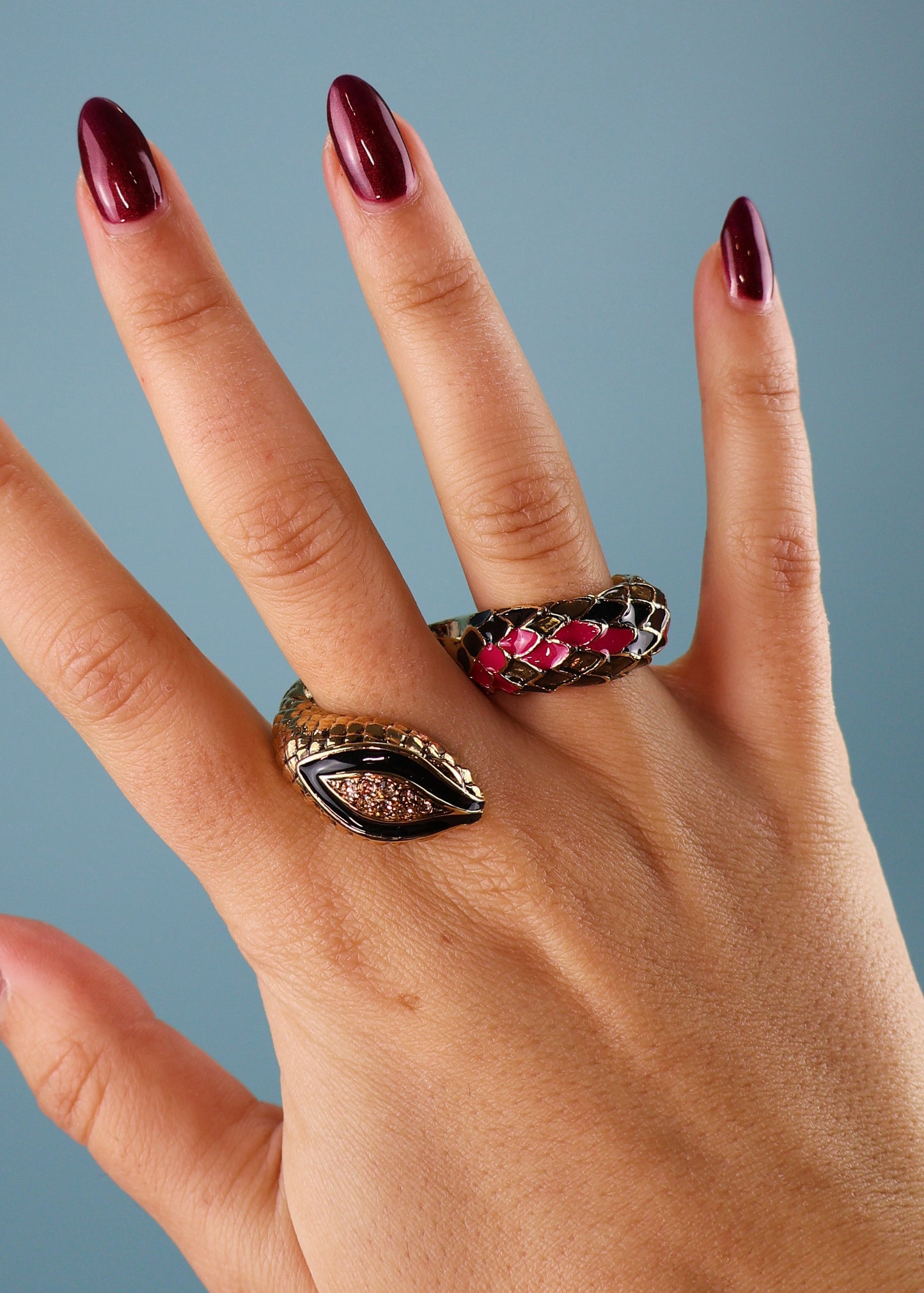 Roberto Cavalli Two Finger Gold & Pink Enamel Snake Ring