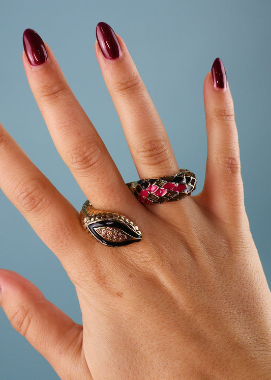 Roberto Cavalli Two Finger Gold & Pink Enamel Snake Ring