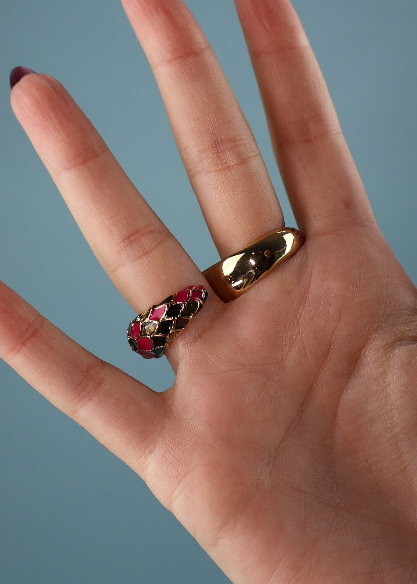 Roberto Cavalli Two Finger Gold & Pink Enamel Snake Ring