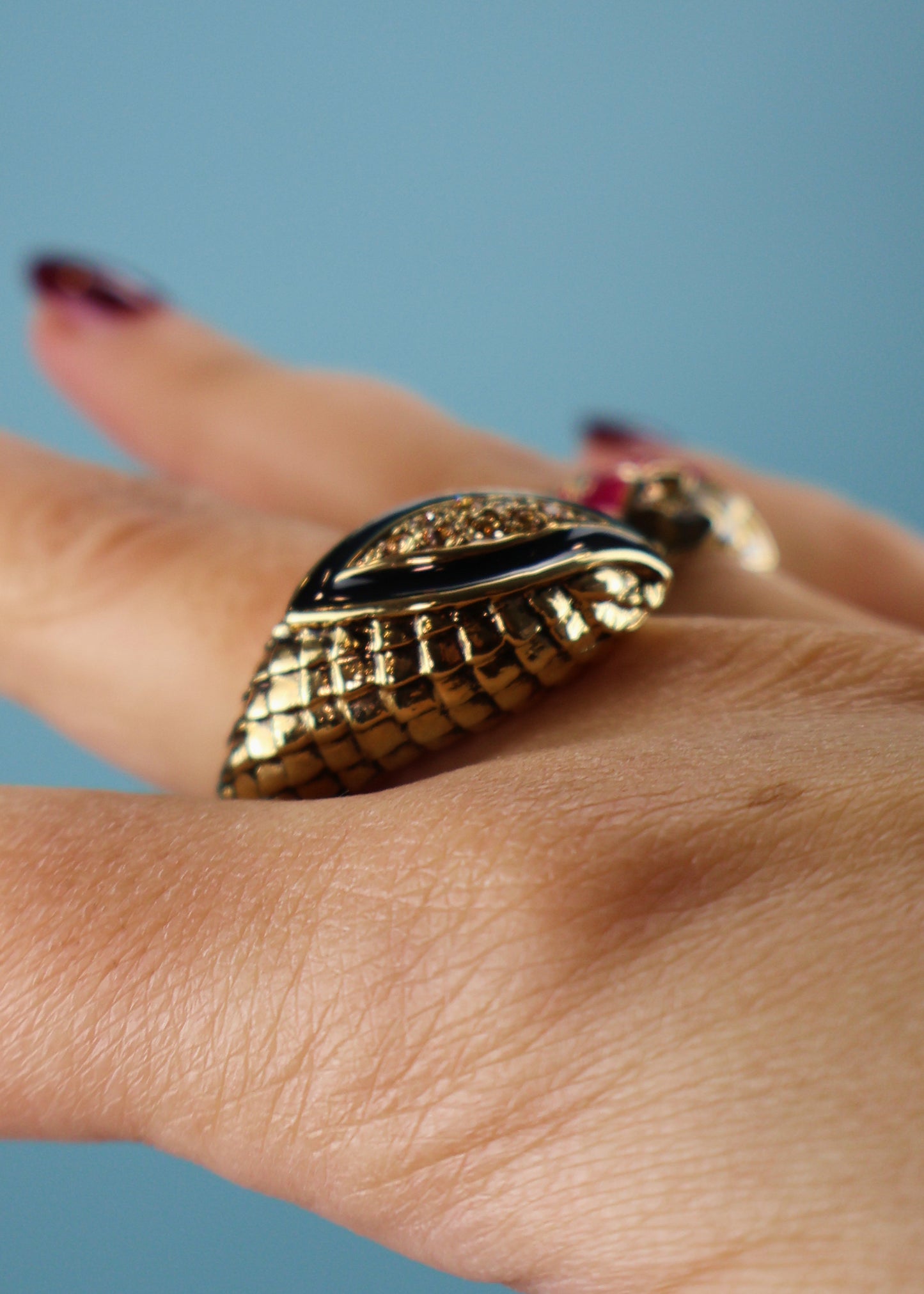 Roberto Cavalli Two Finger Gold & Pink Enamel Snake Ring