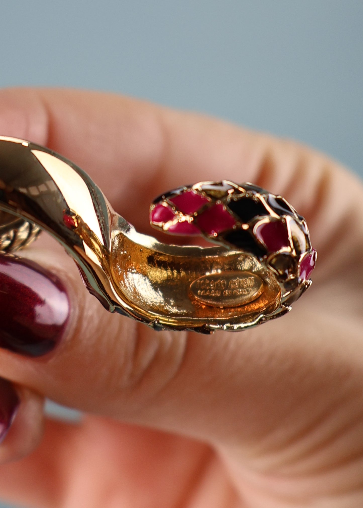 Roberto Cavalli Two Finger Gold & Pink Enamel Snake Ring