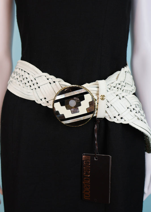 Roberto Cavalli Mother of Pearl Buckle White Woven Leather Belt