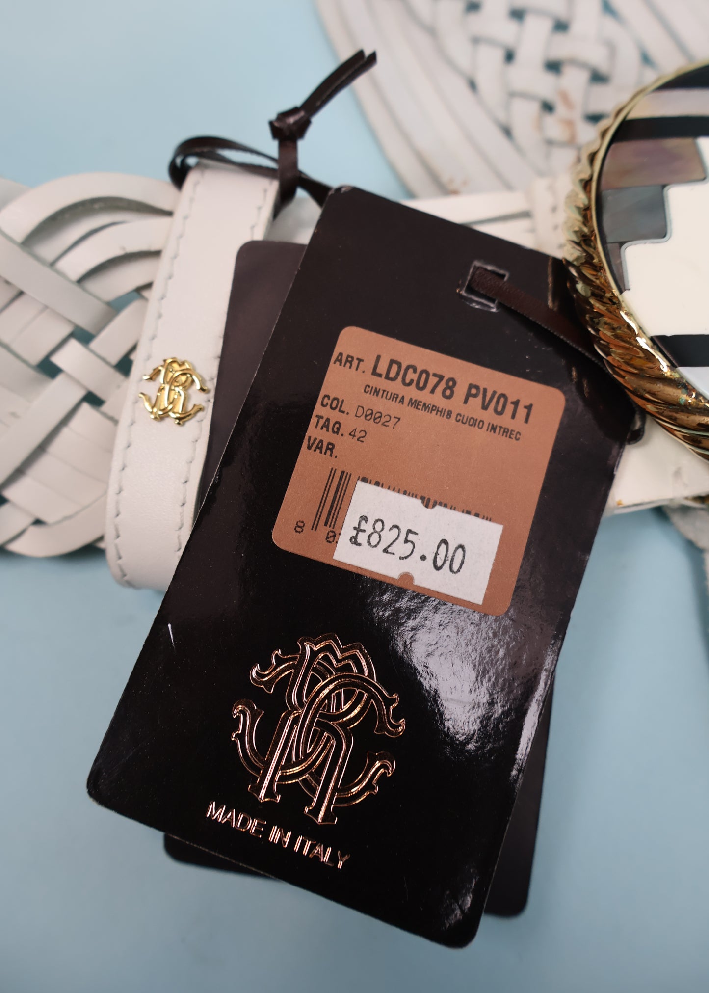 Roberto Cavalli Mother of Pearl Buckle White Woven Leather Belt