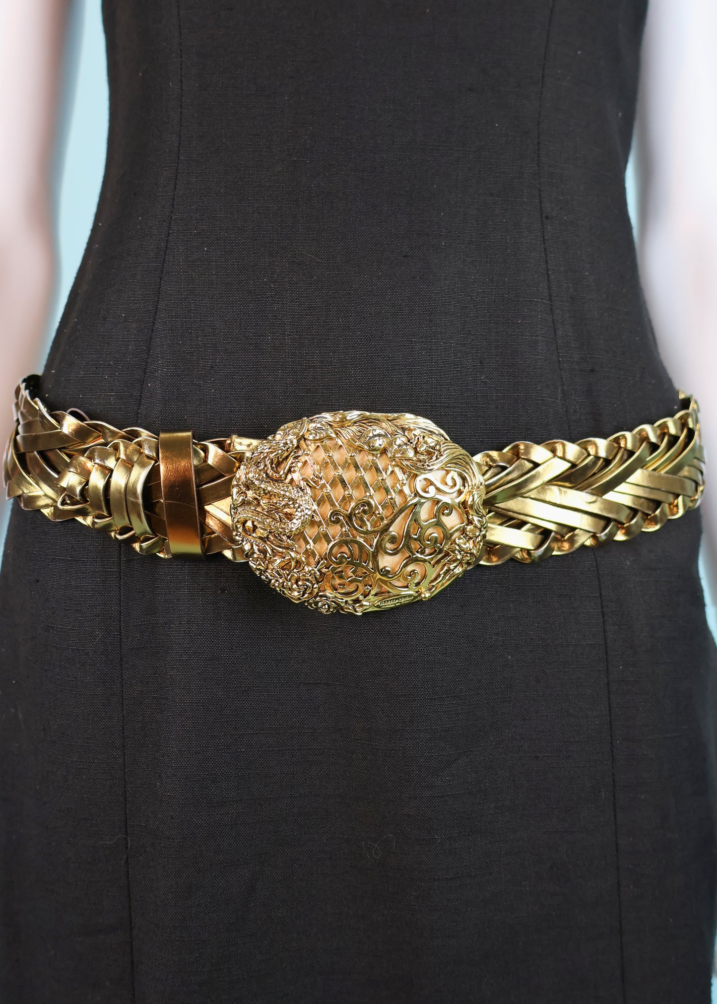 Roberto Cavalli Gold Dragon Buckle Gold Woven Leather Belt