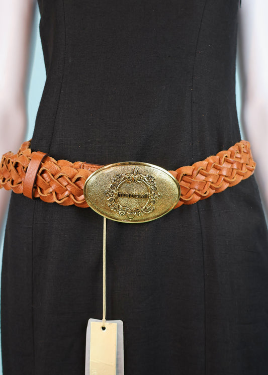 Roberto Cavalli Gold Buckle Brown Woven Leather Belt