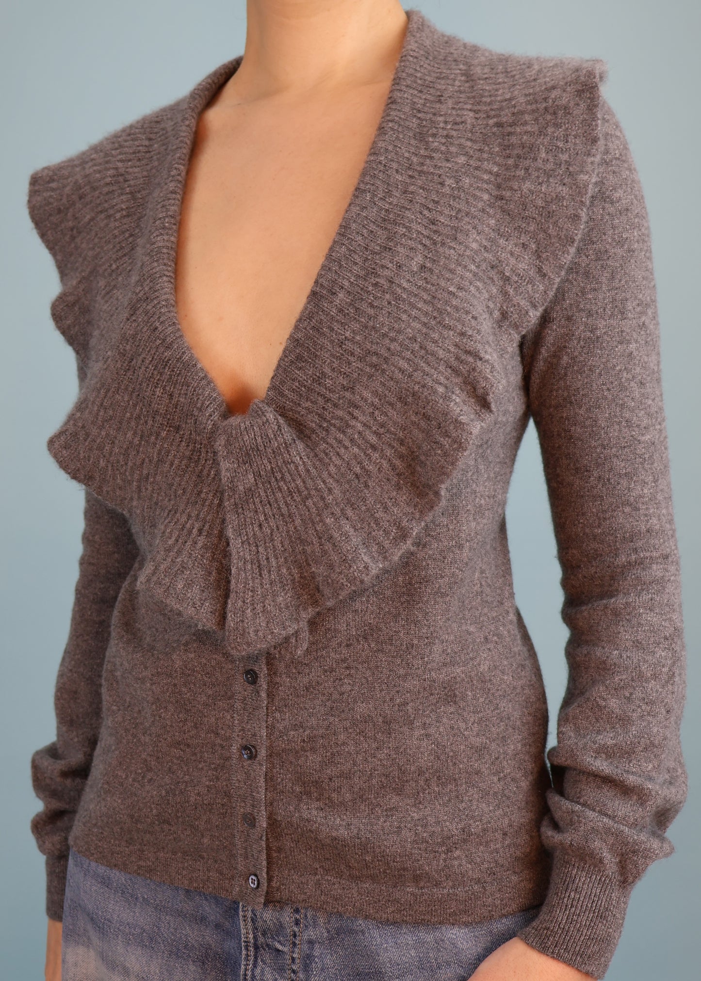Celine Grey Pure Cashmere Frill Collar Cardigan