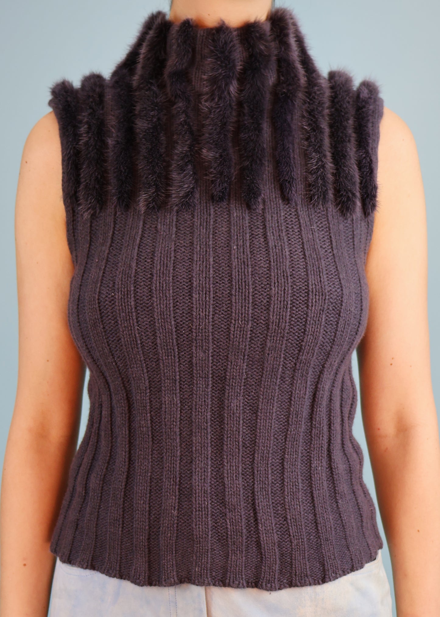 Valentino Grey Knit & Mink Fur Sleeveless Top