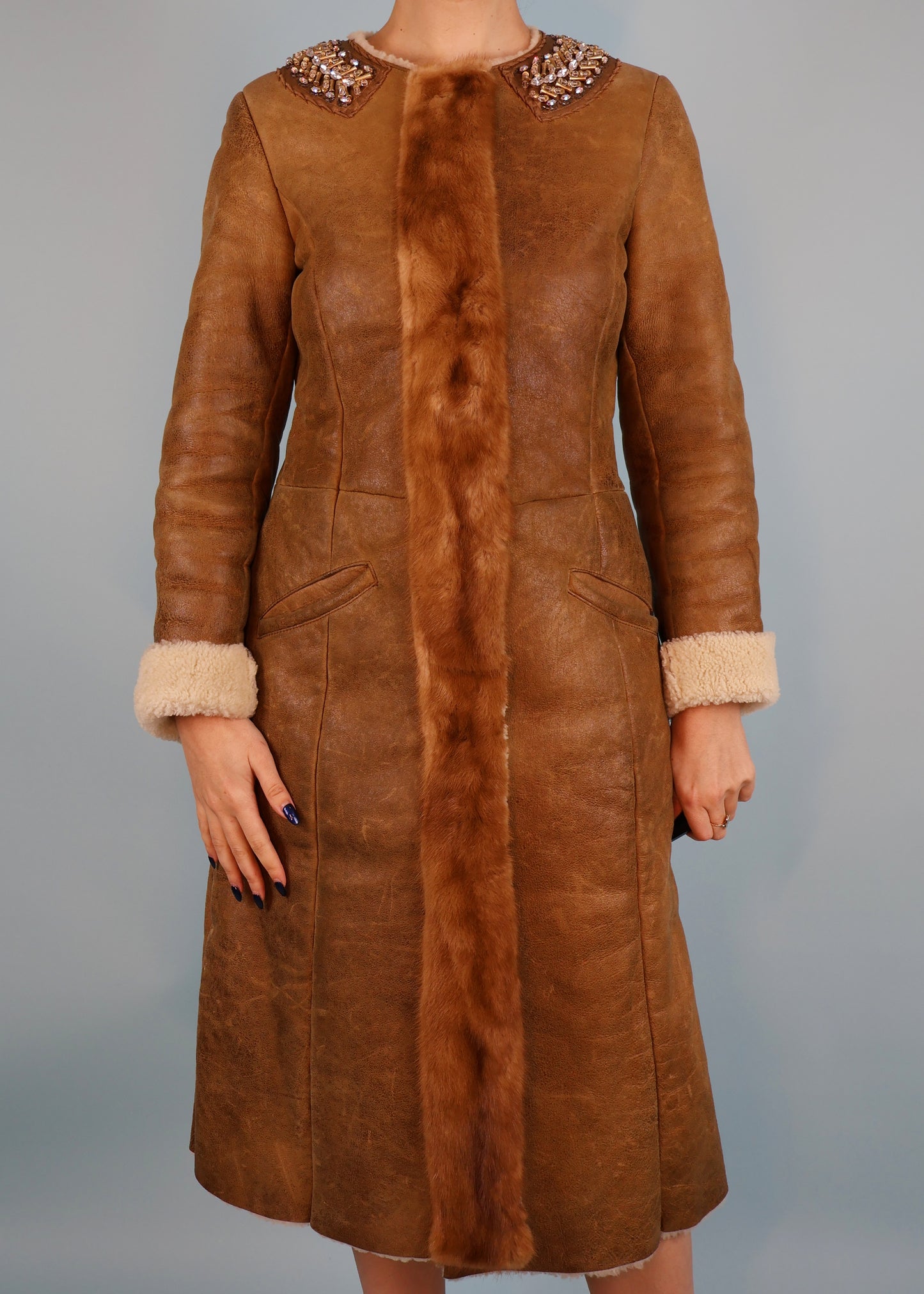 Prada Fall 2004 Runway Shearling & Mink Trim Crystal Embellished Coat