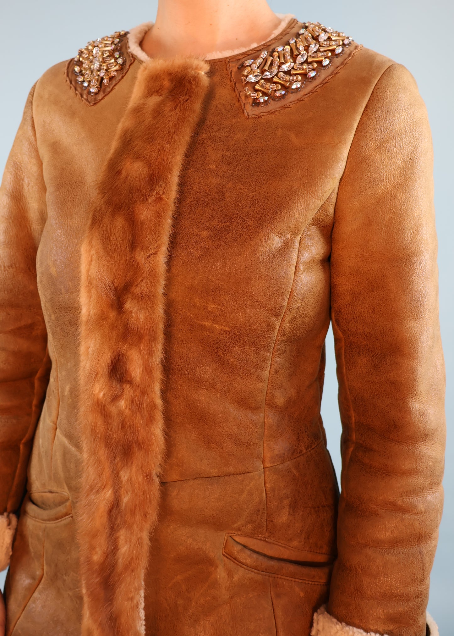 Prada Fall 2004 Runway Shearling & Mink Trim Crystal Embellished Coat