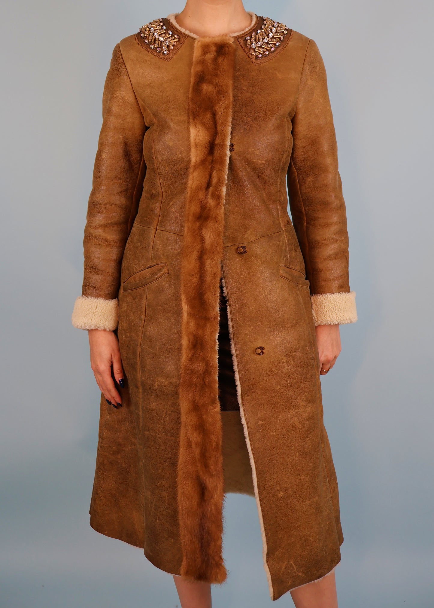 Prada Fall 2004 Runway Shearling & Mink Trim Crystal Embellished Coat