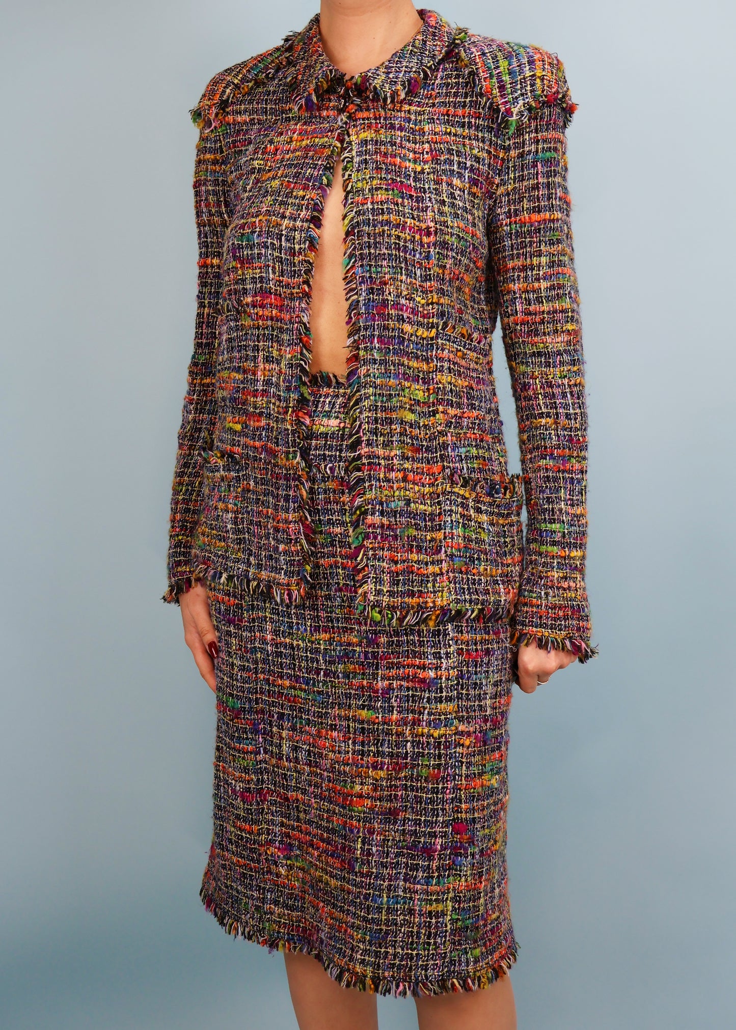 Chanel Spring 1998 Runway Rainbow Tweed Jacket & Skirt Suit Set