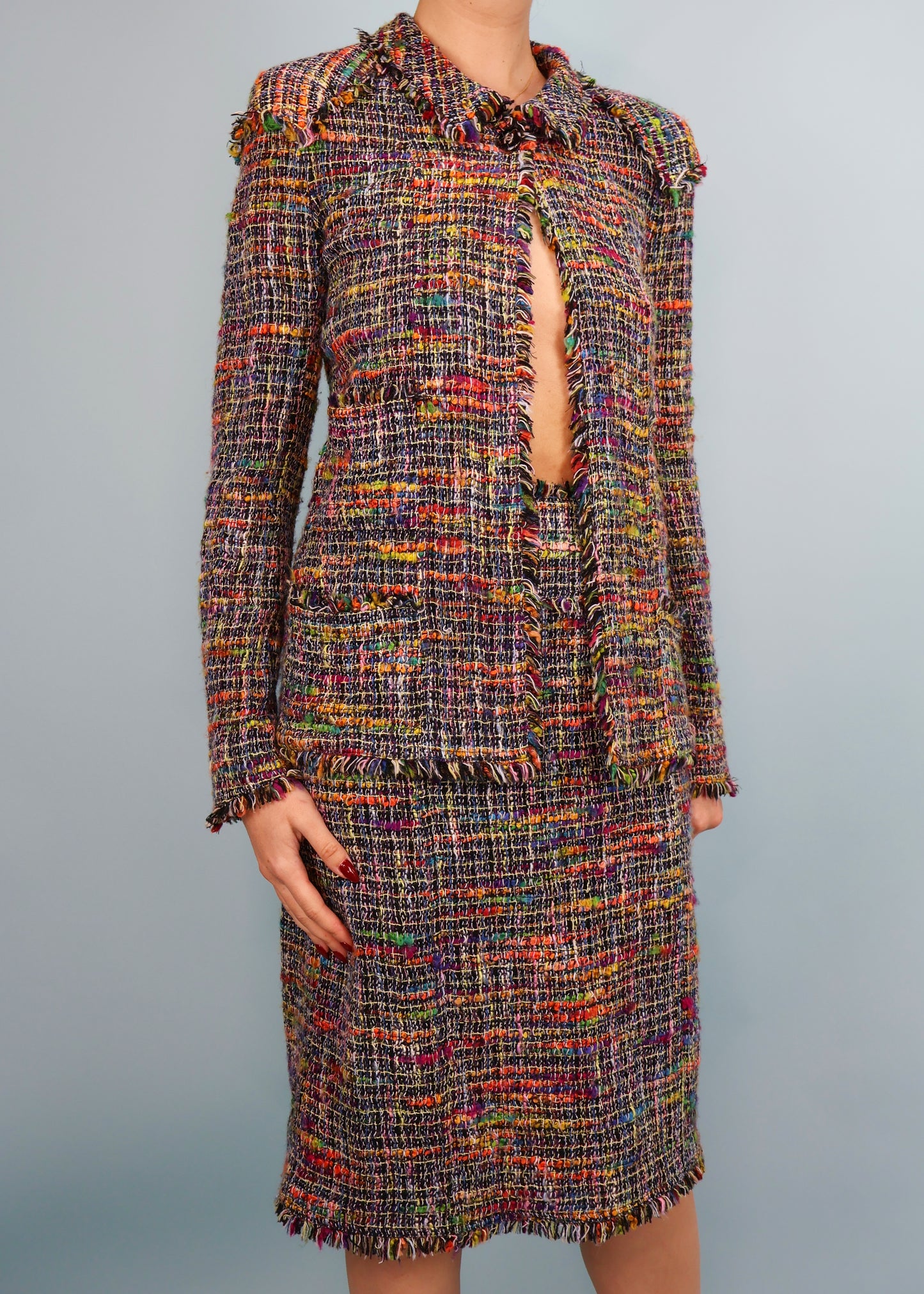 Chanel Spring 1998 Runway Rainbow Tweed Jacket & Skirt Suit Set