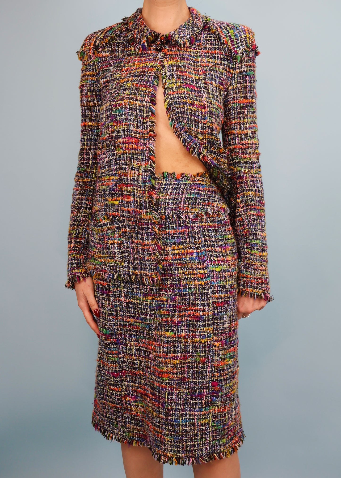 Chanel Spring 1998 Runway Rainbow Tweed Jacket & Skirt Suit Set