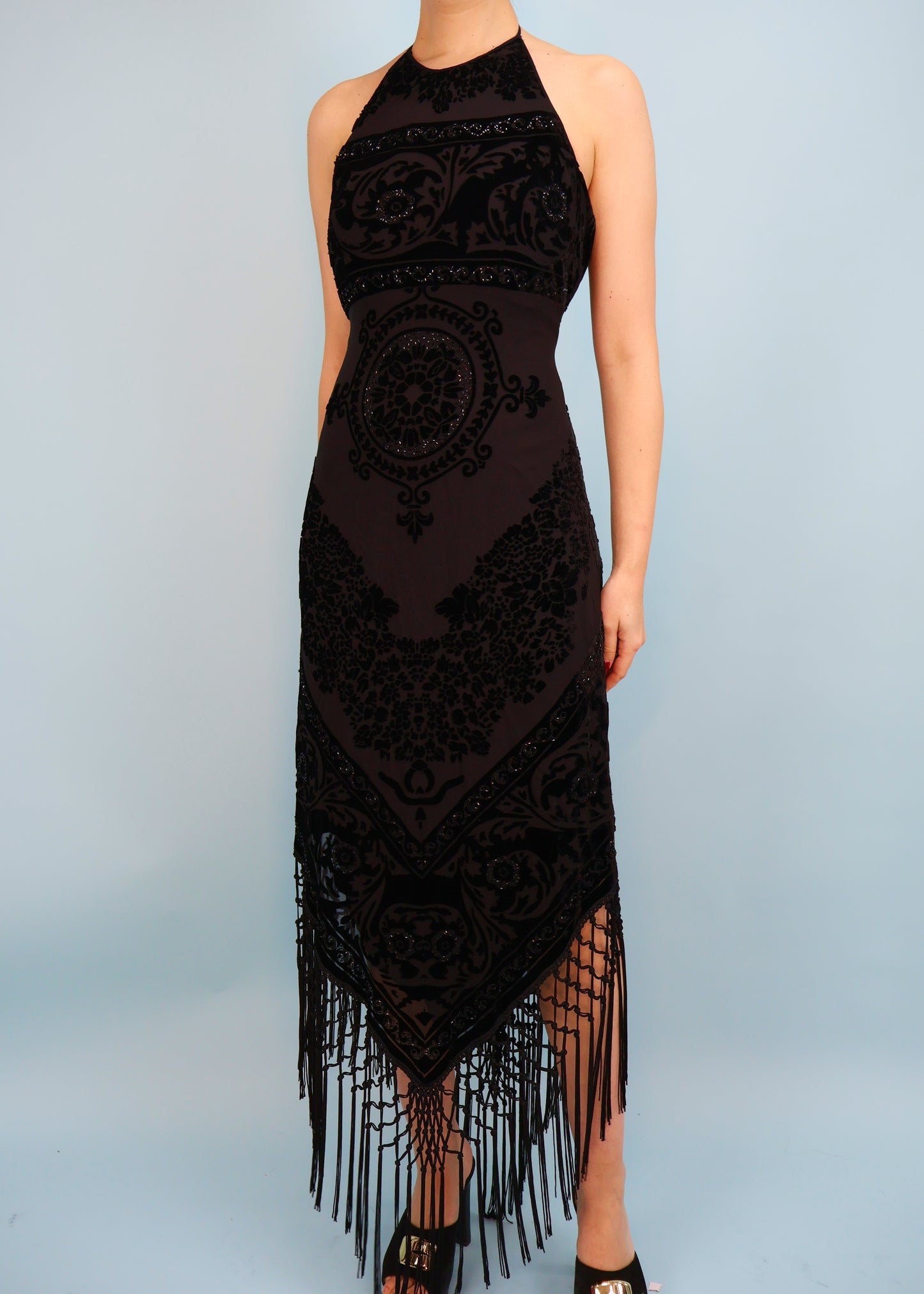 Ungaro Fever Black Embellished Devore Velvet Handkerchief Fringe Dress