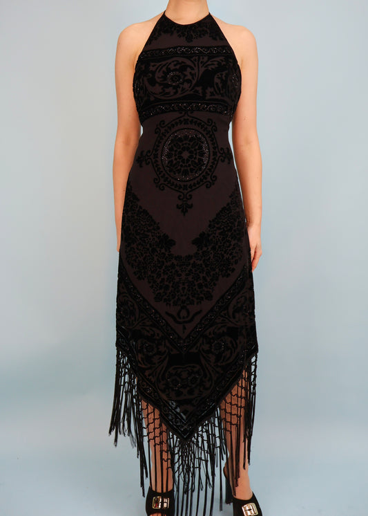 Ungaro Fever Black Embellished Devore Velvet Handkerchief Fringe Dress