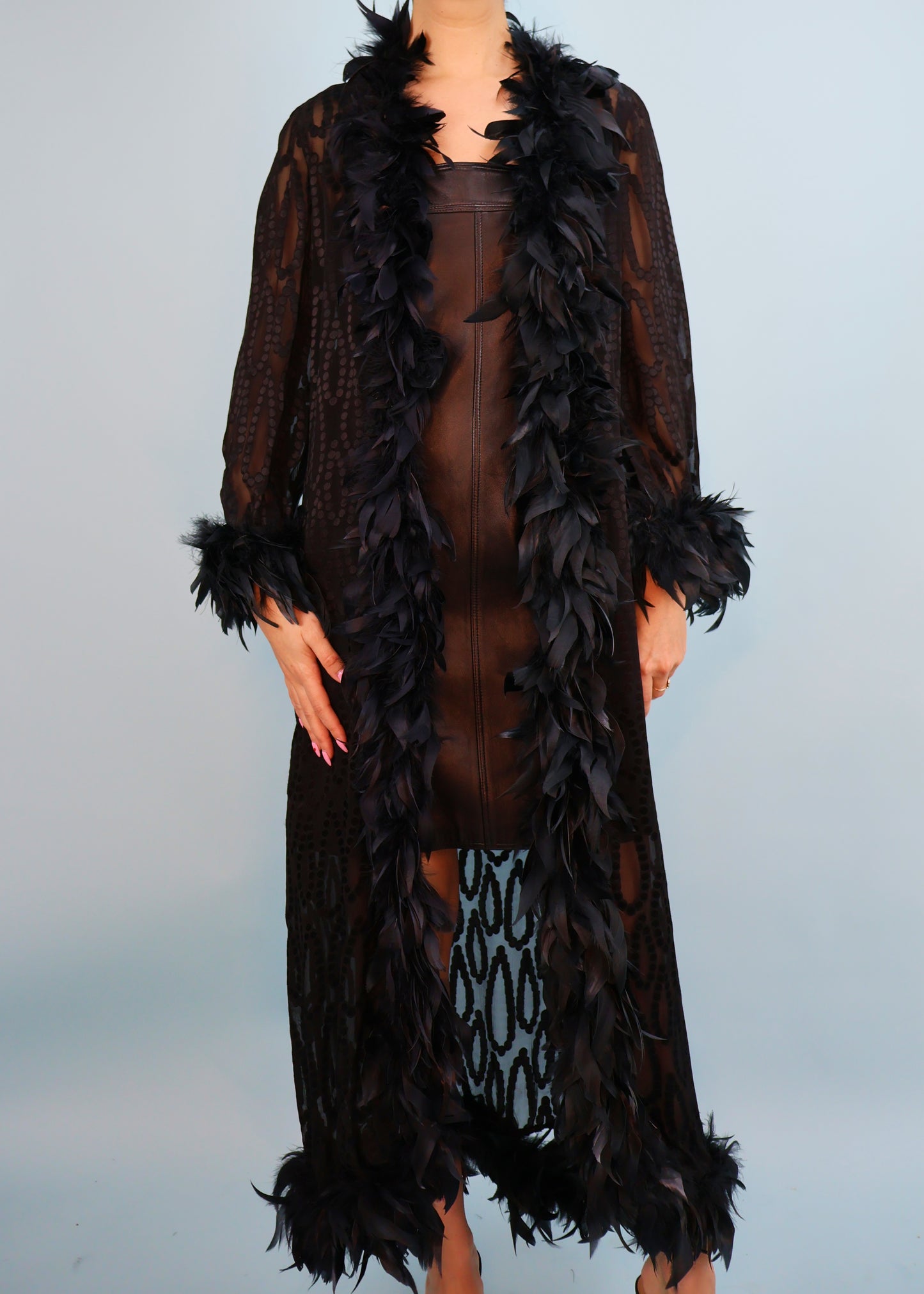 Yves Saint Laurent 1970s Black Feather Trim Robe Jacket