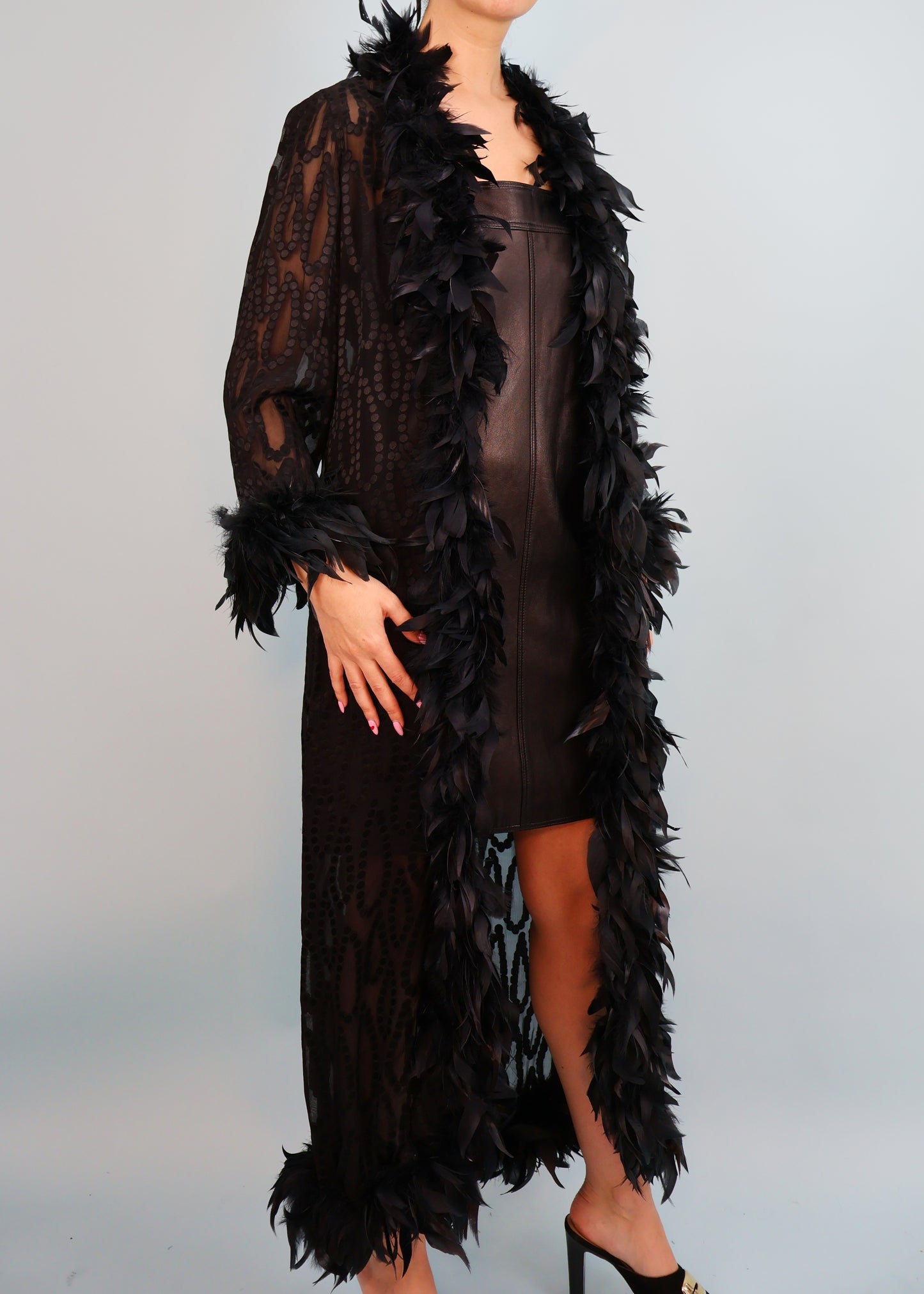 Yves Saint Laurent 1970s Black Feather Trim Robe Jacket