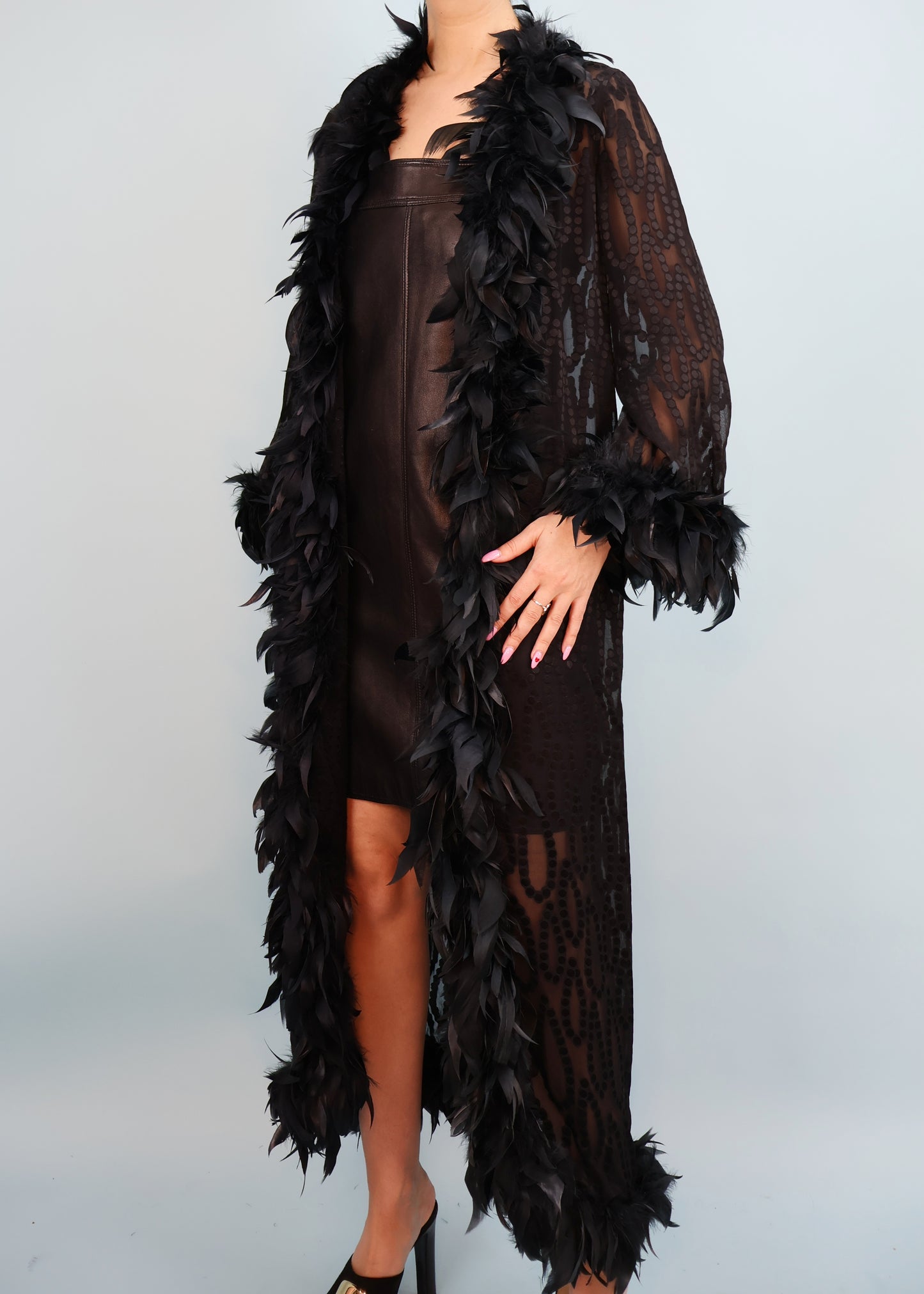 Yves Saint Laurent 1970s Black Feather Trim Robe Jacket