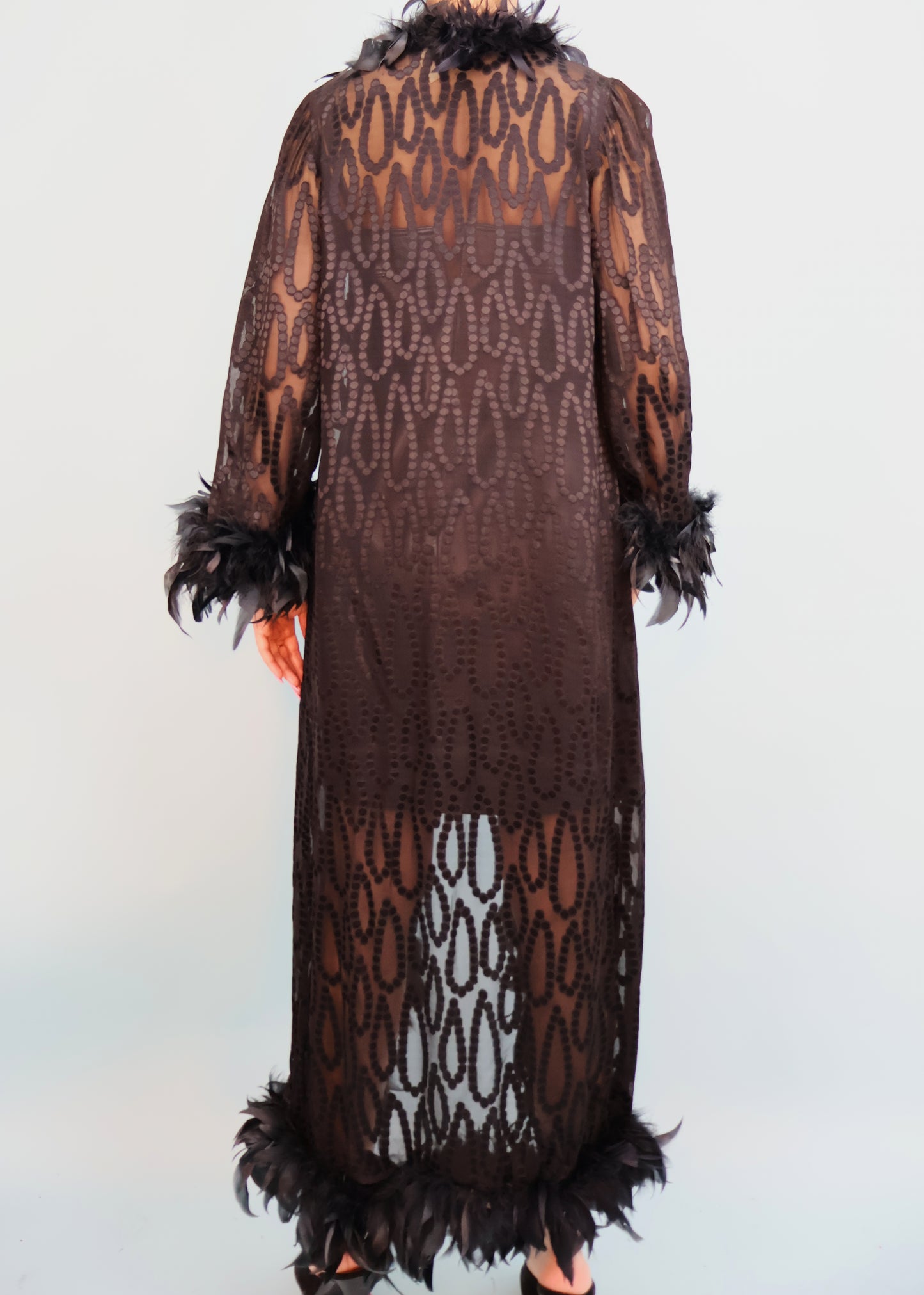 Yves Saint Laurent 1970s Black Feather Trim Robe Jacket
