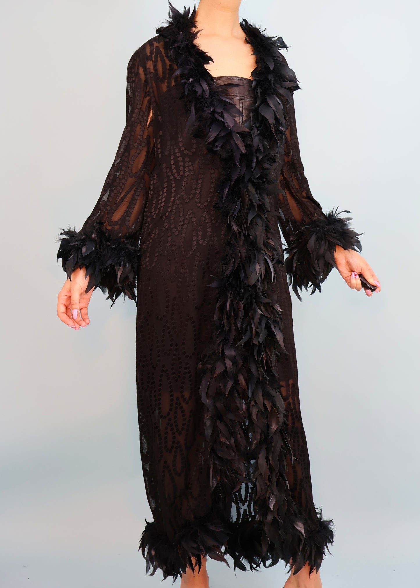 Yves Saint Laurent 1970s Black Feather Trim Robe Jacket