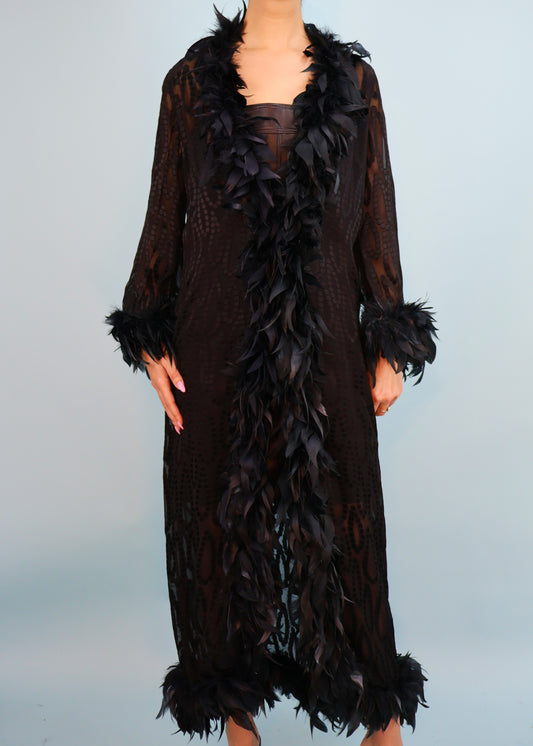 Yves Saint Laurent 1970s Black Feather Trim Robe Jacket