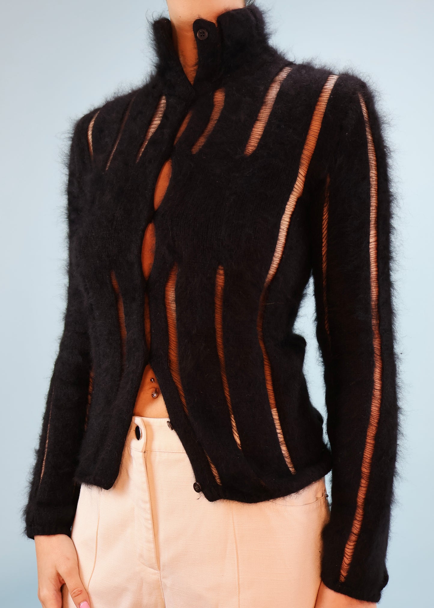 Yves Saint Laurent Fall 2001 Black Mohair Laddered Cardigan