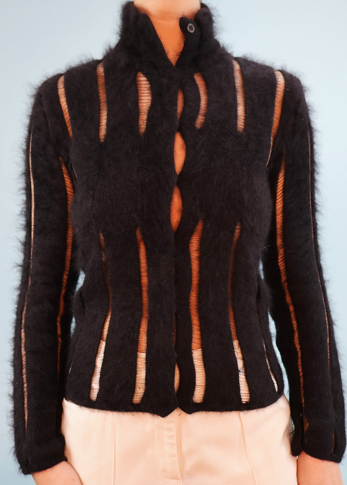 Yves Saint Laurent Fall 2001 Black Mohair Laddered Cardigan