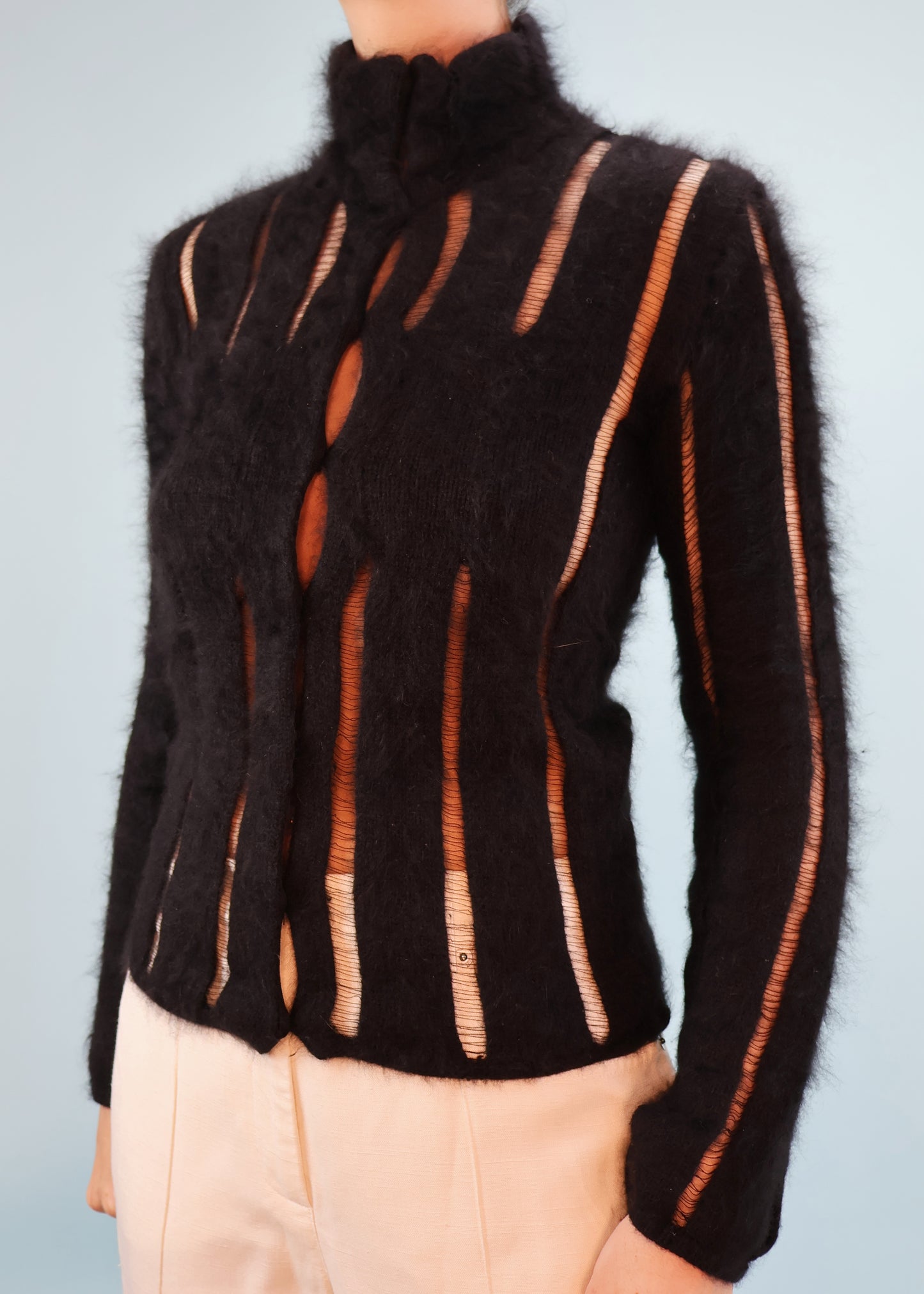 Yves Saint Laurent Fall 2001 Black Mohair Laddered Cardigan