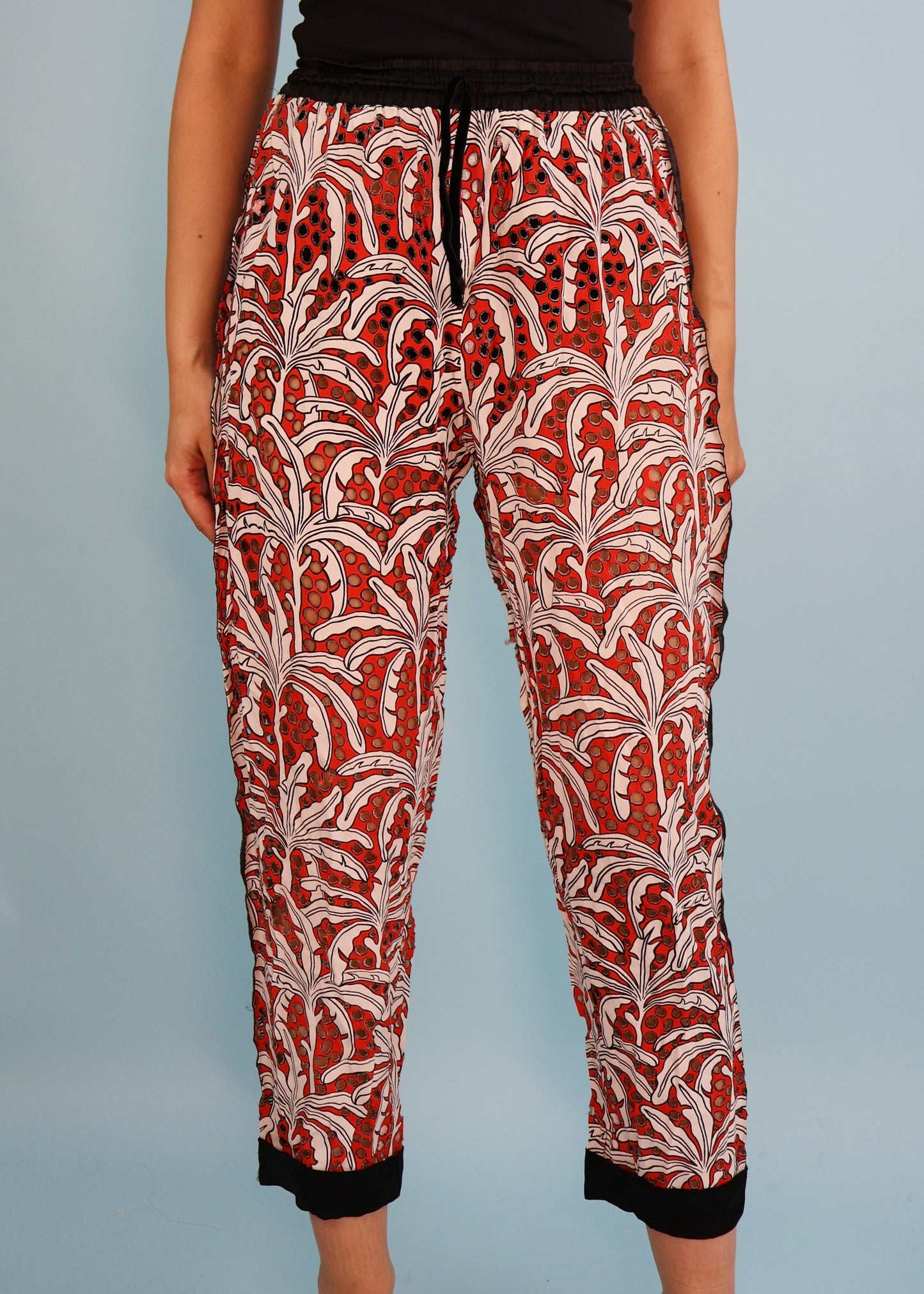 Jean Paul Gaultier Spring 1992 Runway Red & White Palm Tree Print Perforated Pants