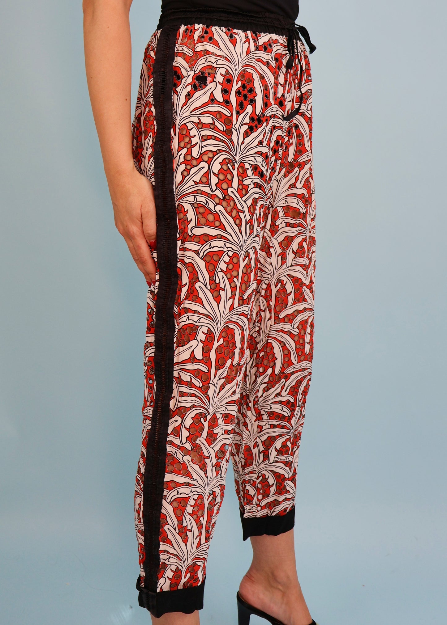 Jean Paul Gaultier Spring 1992 Runway Red & White Palm Tree Print Perforated Pants