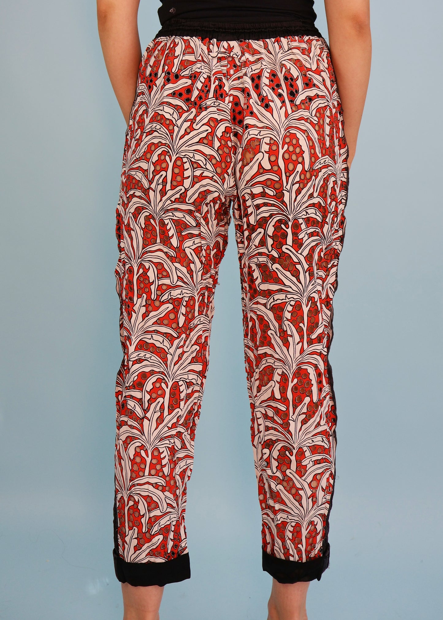 Jean Paul Gaultier Spring 1992 Runway Red & White Palm Tree Print Perforated Pants