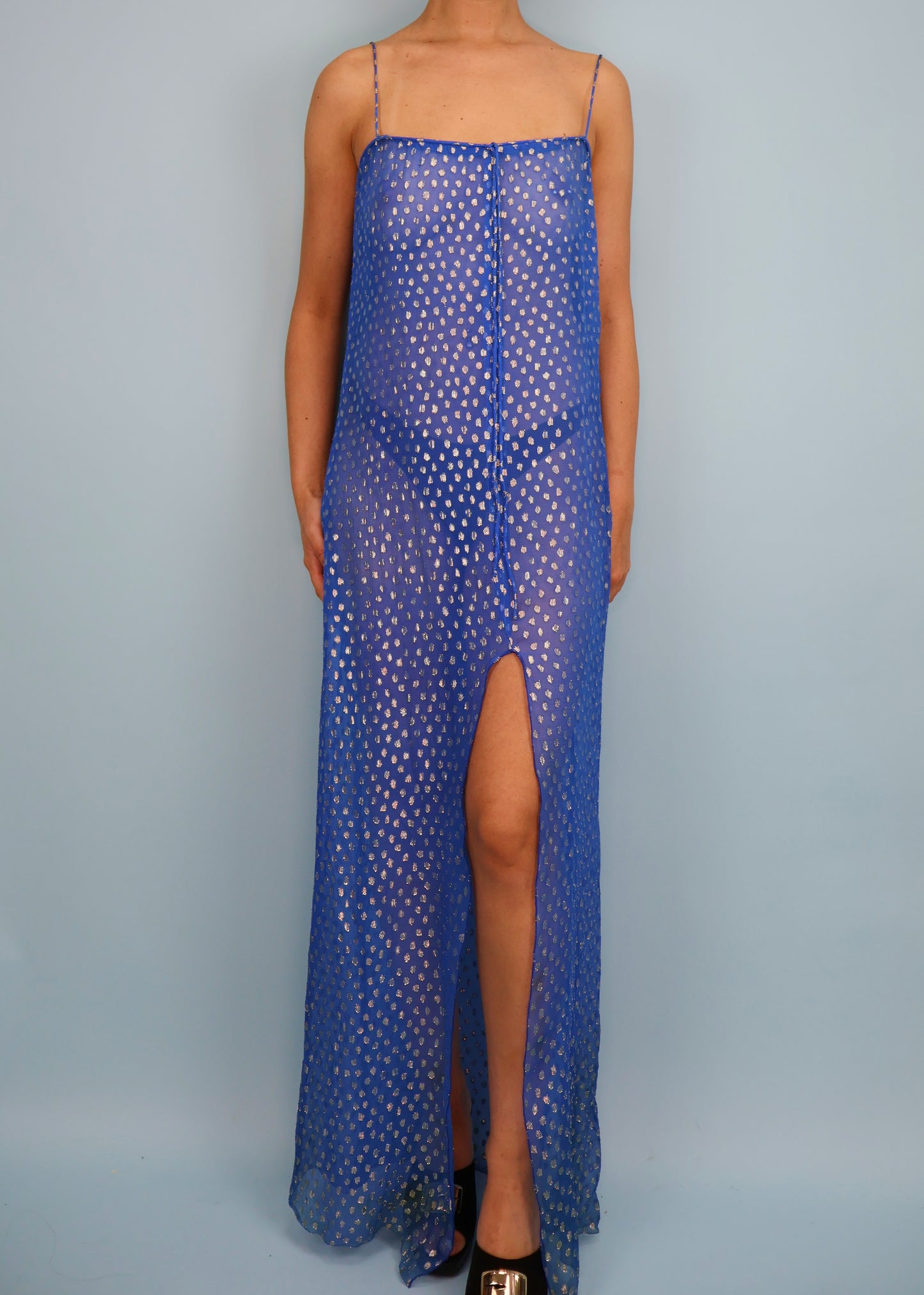 Dior Fall 1976 Haute Couture Blue & Silver Silk Chiffon Sheer Dress & Jacket Set