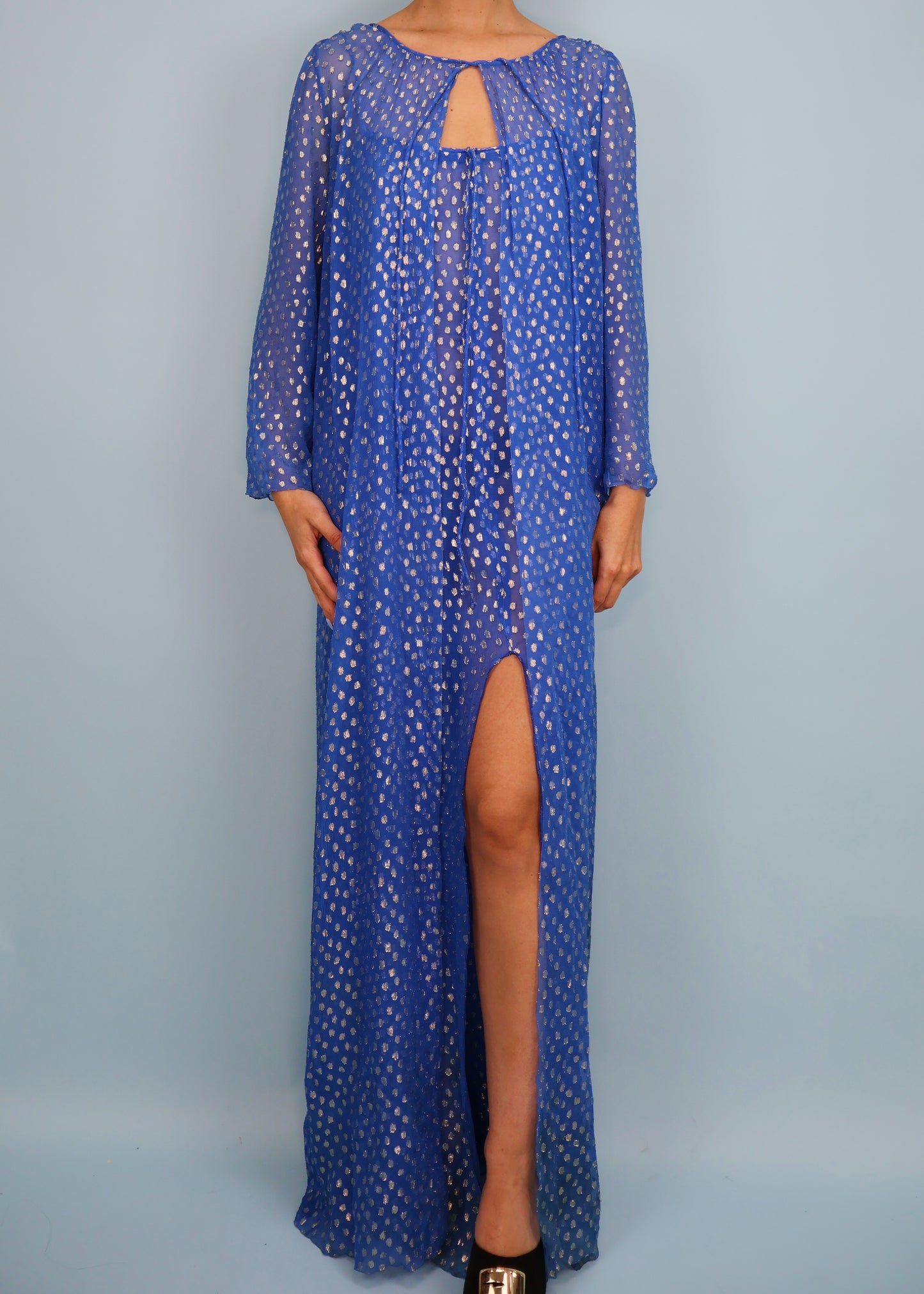 Dior Fall 1976 Haute Couture Blue & Silver Silk Chiffon Sheer Dress & Jacket Set