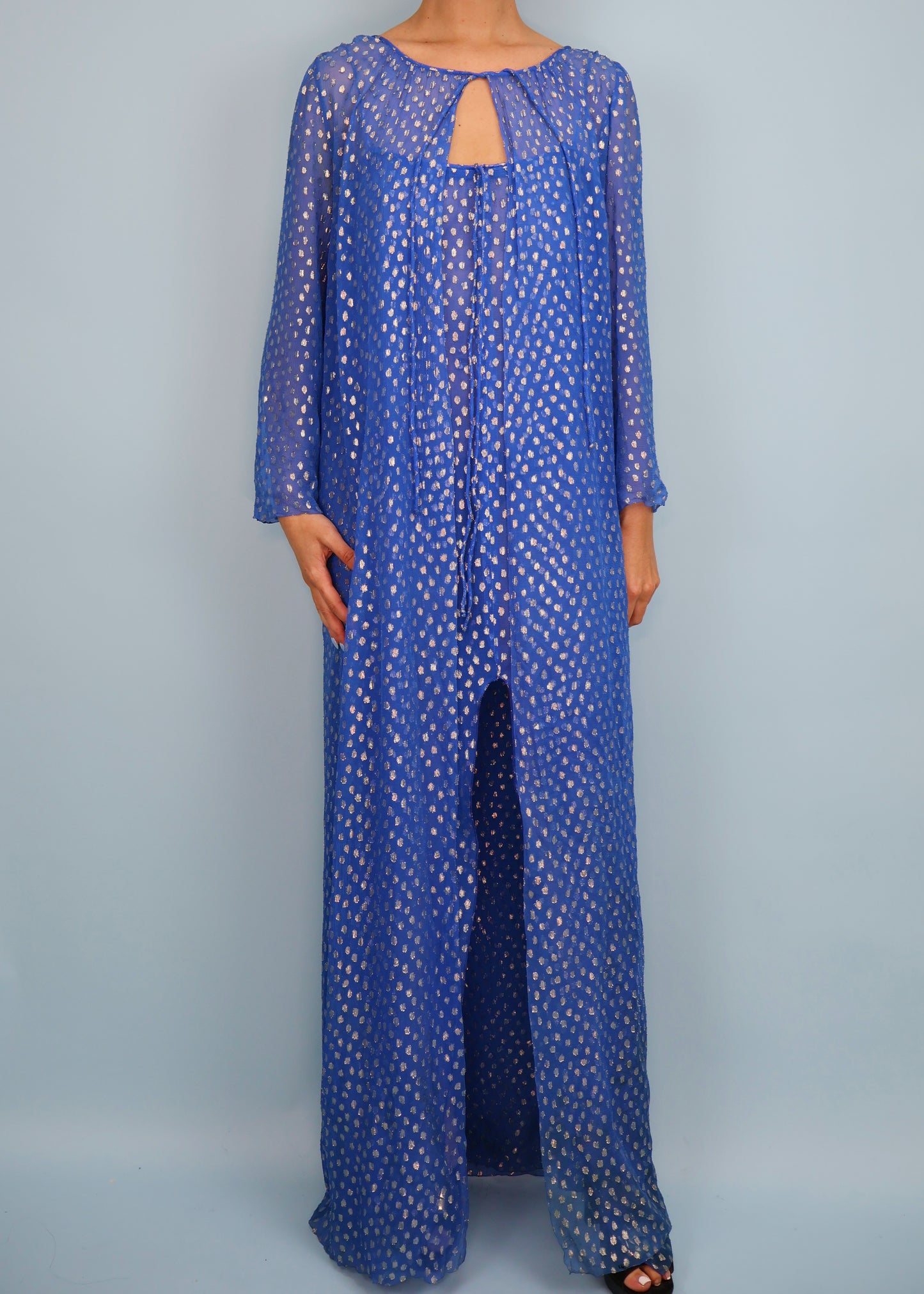 Dior Fall 1976 Haute Couture Blue & Silver Silk Chiffon Sheer Dress & Jacket Set