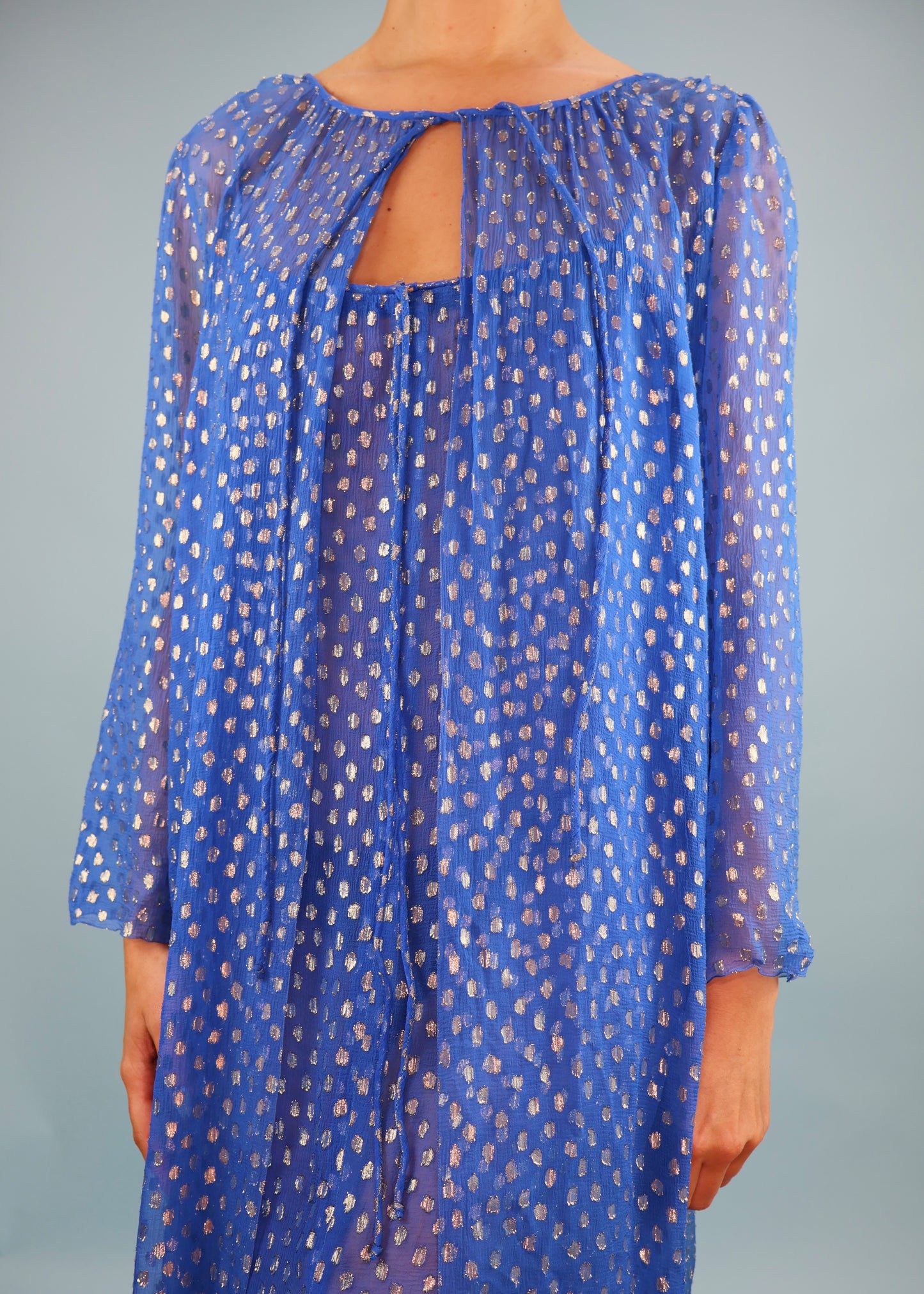 Dior Fall 1976 Haute Couture Blue & Silver Silk Chiffon Sheer Dress & Jacket Set