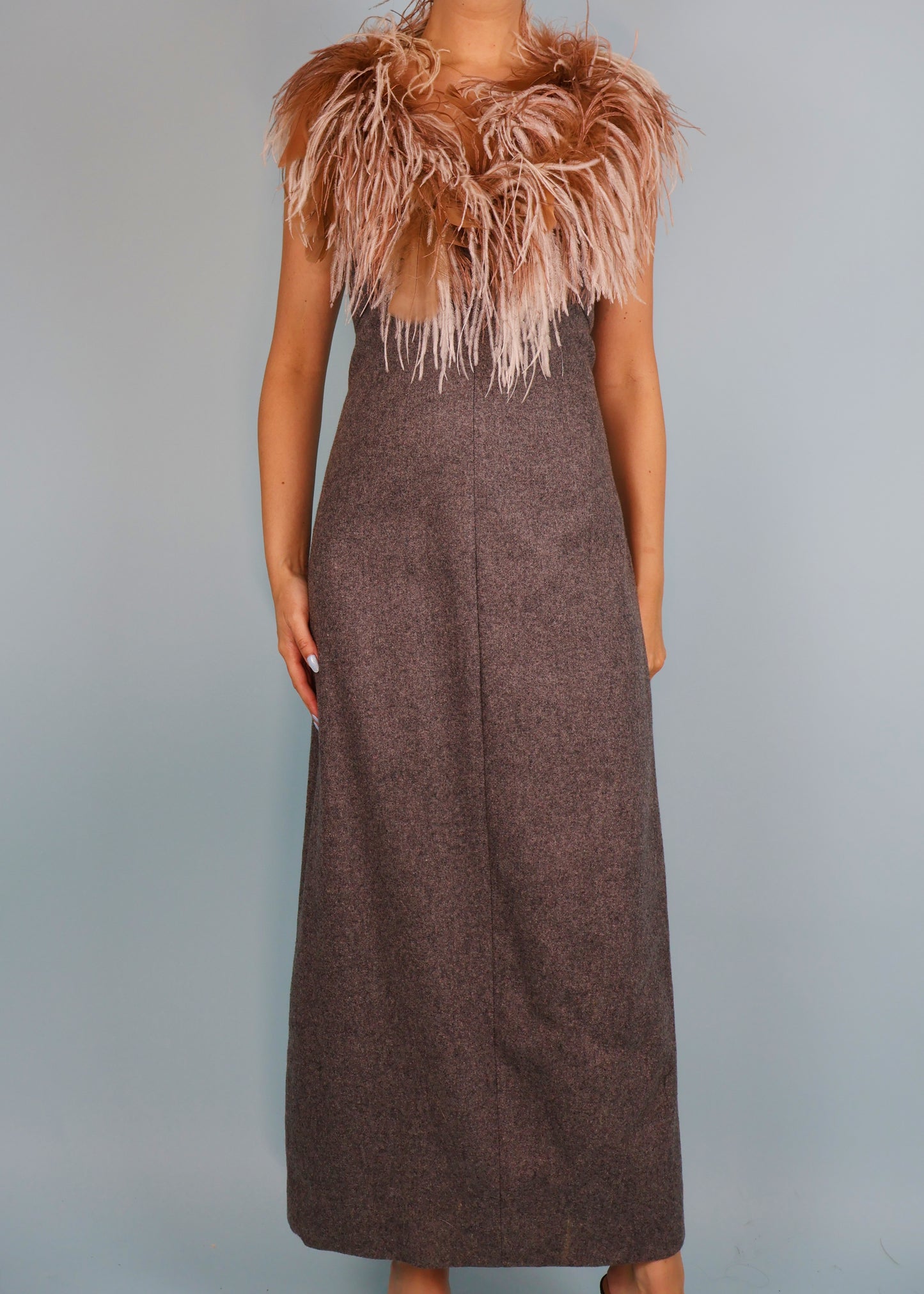 Perullo for Fred Perlberg 1960s Grey Wool Feather Collar Maxi Dress
