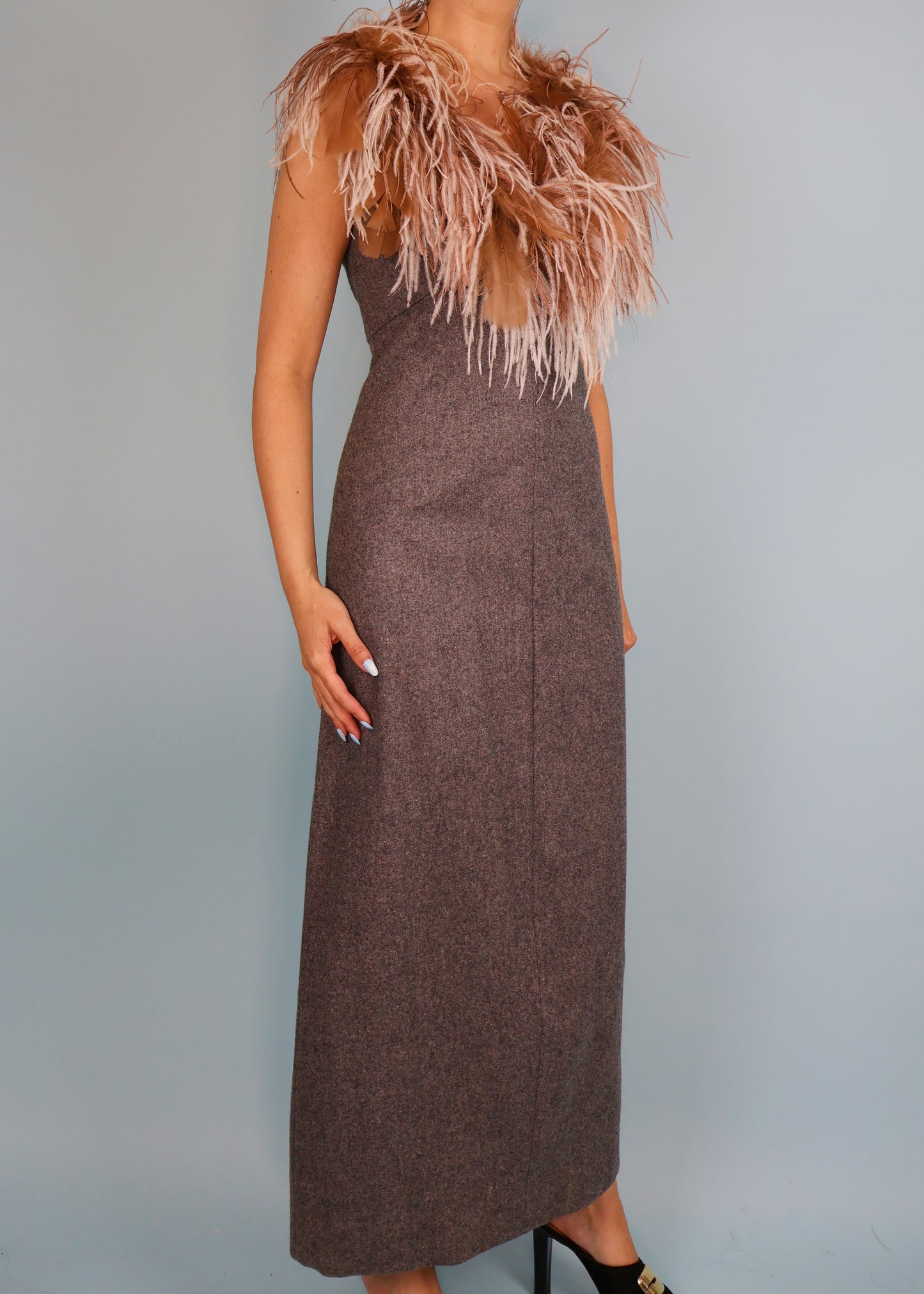 Perullo for Fred Perlberg 1960s Grey Wool Feather Collar Maxi Dress