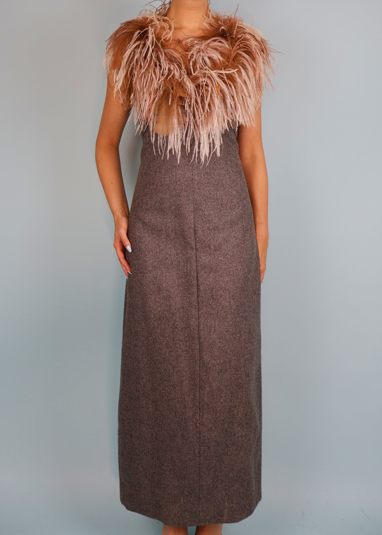 Perullo for Fred Perlberg 1960s Grey Wool Feather Collar Maxi Dress
