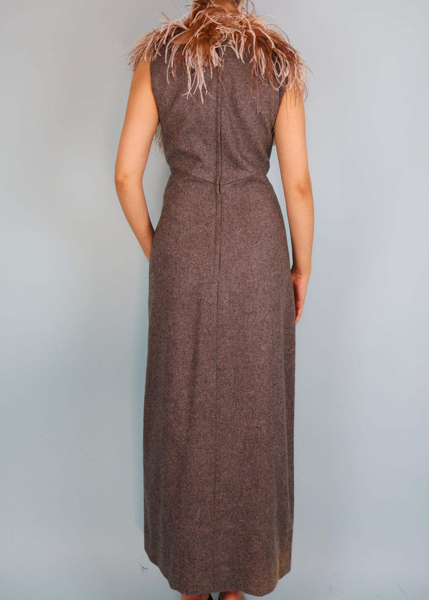 Perullo for Fred Perlberg 1960s Grey Wool Feather Collar Maxi Dress