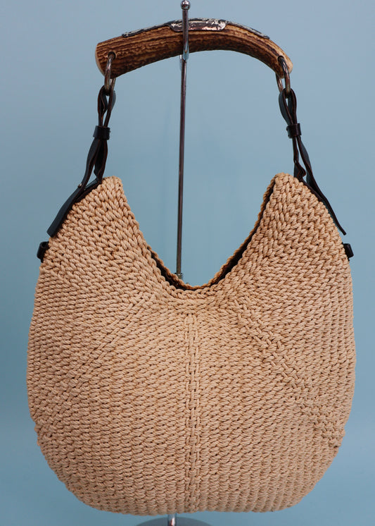 Yves Saint Laurent 2003 Beige Woven & Leather Large Mombasa Handbag