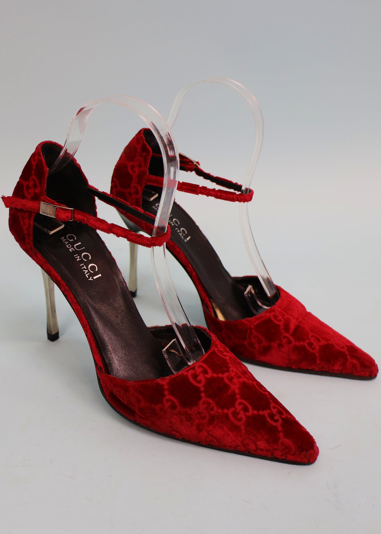 Gucci Fall 1997 Red Velvet Monogram Heels