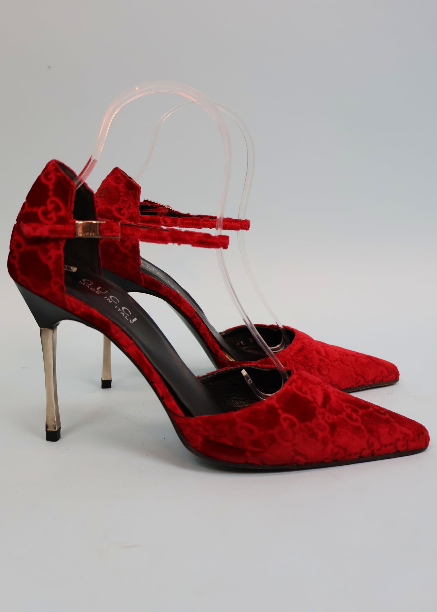 Gucci Fall 1997 Red Velvet Monogram Heels