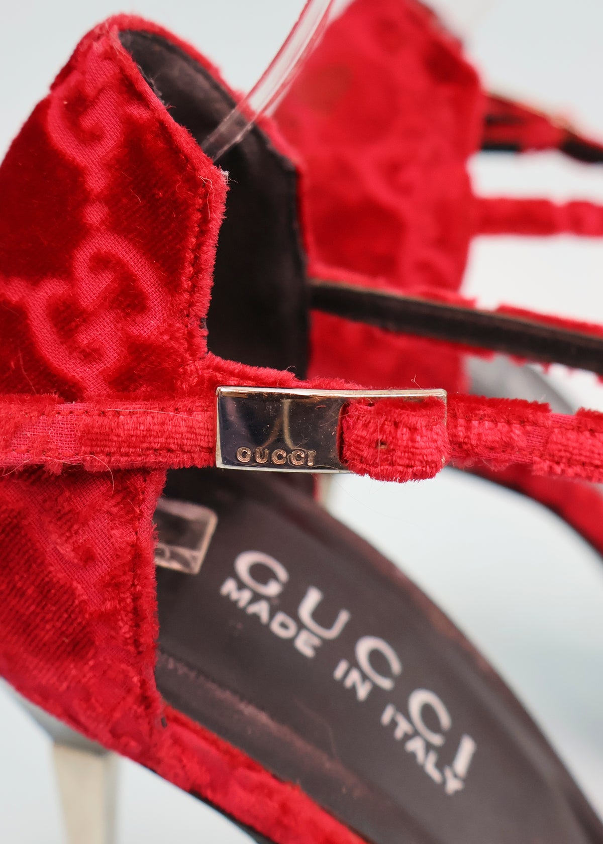 Gucci Fall 1997 Red Velvet Monogram Heels